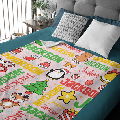 Customized Blankets for Christmas Day - Personalized Name Cartoon Pattern Christmas Blanket - Christmas Gift For Child