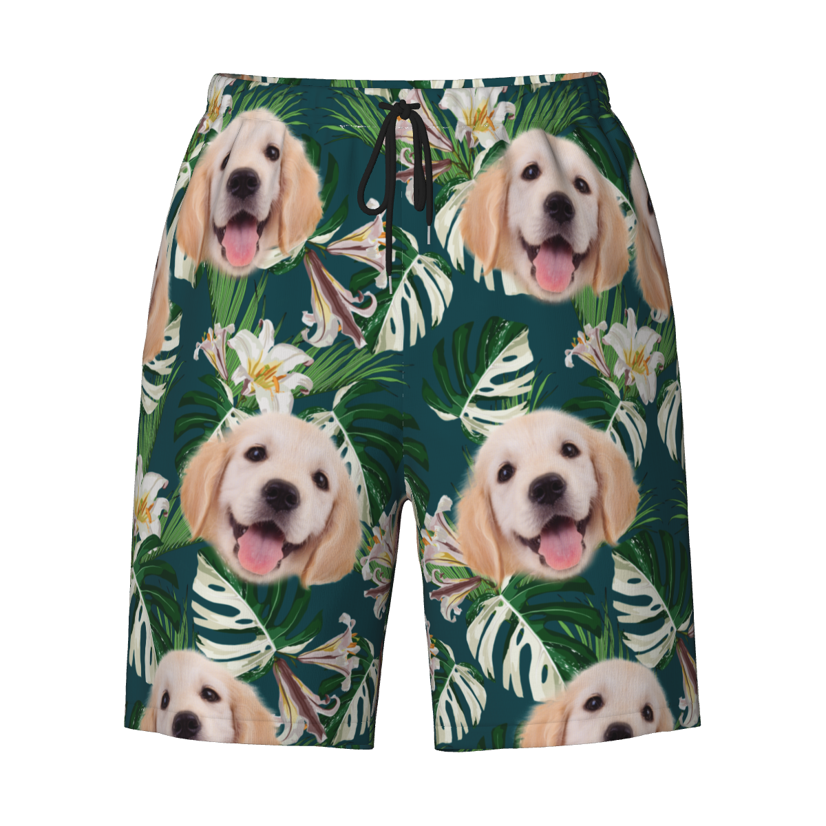 Hawaiian Shorts with Custom Face Personalized Dog Face Leaves & Flamingo Shorts