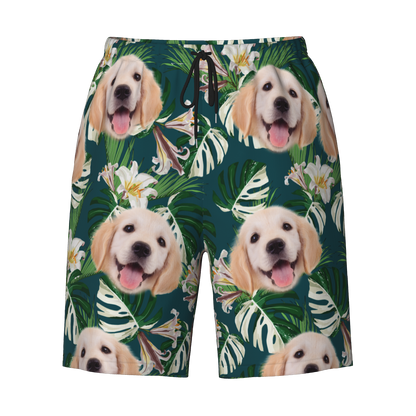 Hawaiian Shorts with Custom Face Personalized Dog Face Leaves & Flamingo Shorts