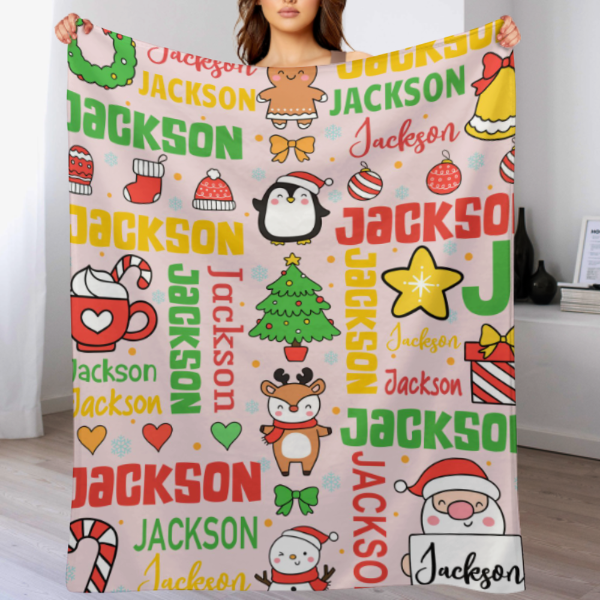 Customized Blankets for Christmas Day - Personalized Name Cartoon Pattern Christmas Blanket - Christmas Gift For Child