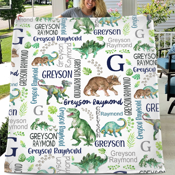 Customised Dinosaur Pattern Blanket - Personalised Name Dinosaur Blanket - A Gift For Child,Baby,Friend