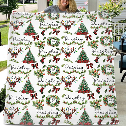 Christmas Wreath Customized Baby Blanket - Personalized Name Christmas Wishes Warm Flannel Blanket - Christmas Gift For Baby,Child