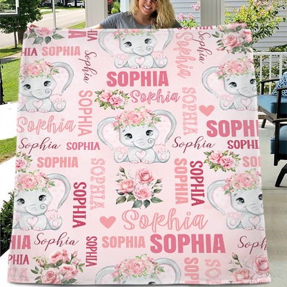 Custom Elephant Baby Blanket - Elephant Pattern Personalized Name Pink Blanket - A Gift For Child,Baby