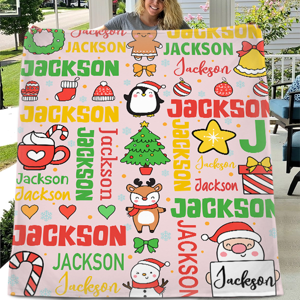 Customized Blankets for Christmas Day - Personalized Name Cartoon Pattern Christmas Blanket - Christmas Gift For Child