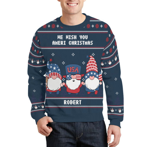 Personalized Ugly Sweater - America Gnome We Wish You Ameri Christmas