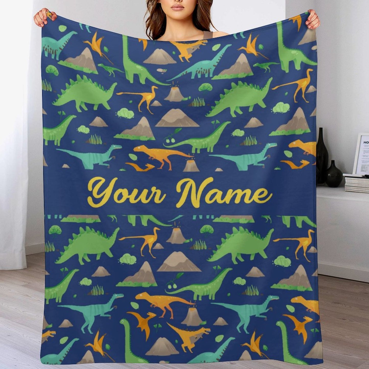 Free Shipping✈️Personalized Custom Dark Blue Dinosaur Blanket for Kids - Boys Girls Baby Toddler Infants Blankets for Bed