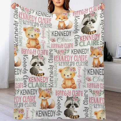 Free Shipping✈️Personalized Girl Pink Floral Woodland Animals Baby Name Blanket