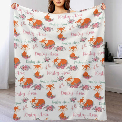 Free Shipping✈️Personalized Pink Floral Fox Blanket