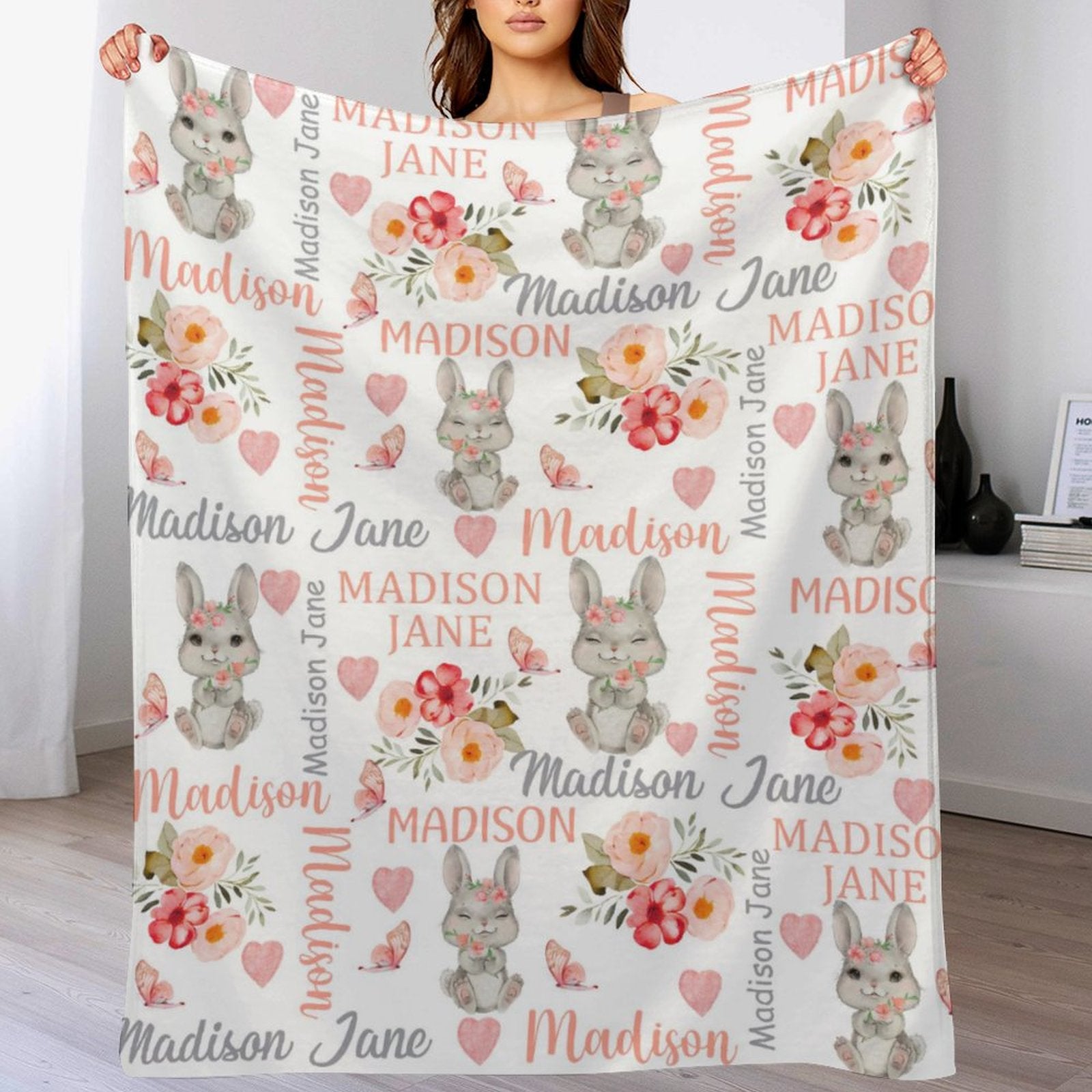 Free Shipping✈️Personalized Baby Girl Blanket Coral Floral Bunny Baby Blanket