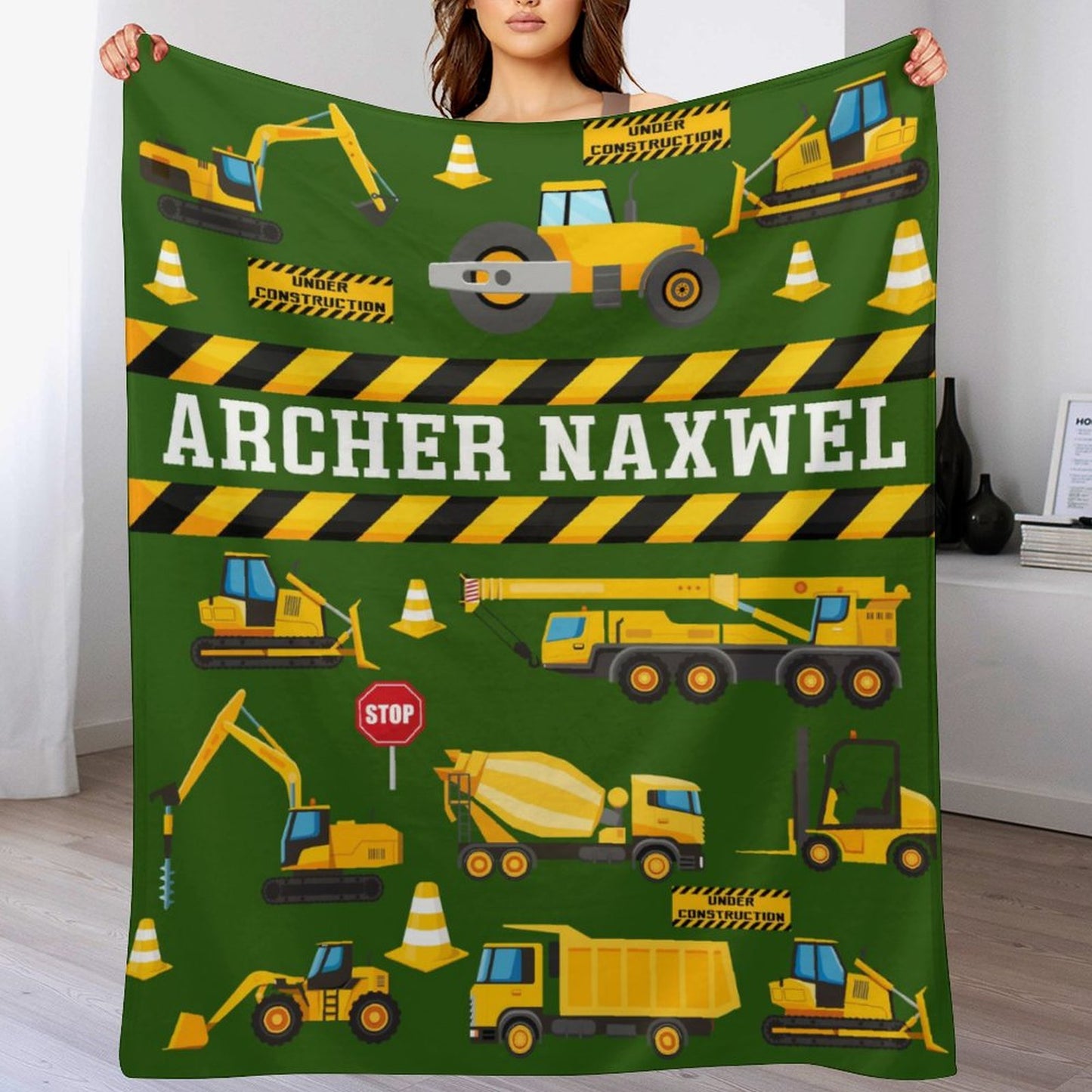 Free Shipping✈️Personalized Name Custom Construction Vehicle Theme Blanket