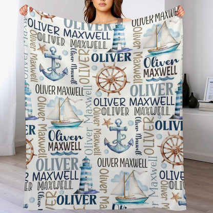 Free Shipping✈️Personalized Baby Blanket - Custom Name Baby Gift - Sailboat Anchor theme, Nautical Swaddle Blanket