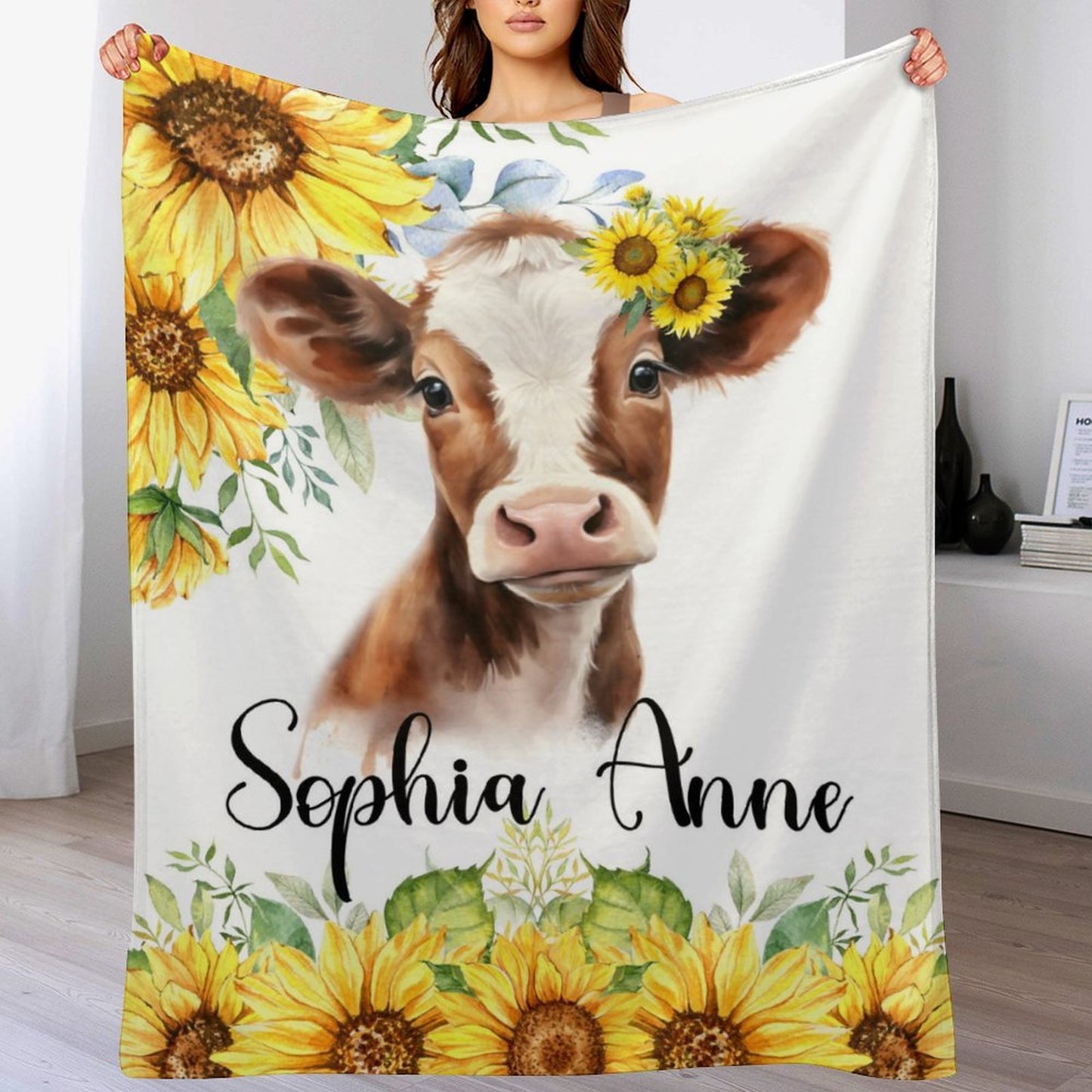 Free Shipping✈️Personalized Custom Name Baby Blanket - Red Floral Watercolor Roses,Sunflowers, Farm Animal Cow Blanket