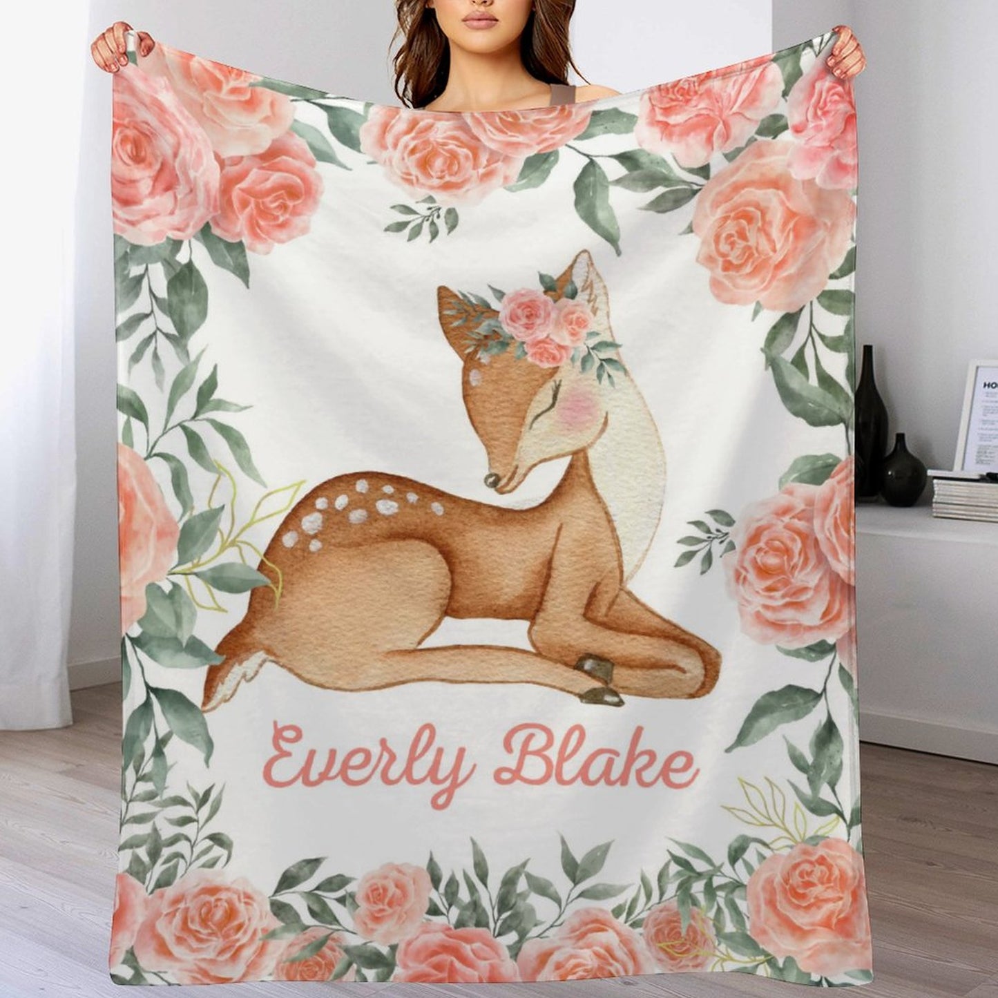 Free Shipping✈️Personalized Girl Woodland Peach Floral Deer Baby Blanket