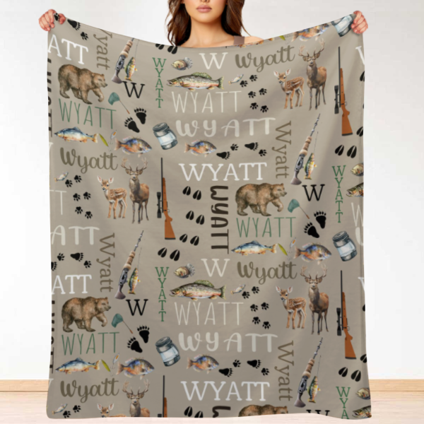 Personalized Hunting Fishing Blanket - Custom Hunting Baby Blanket- Hunting Baby Blanket - Personalized Name Blanket - Outdoors Bear Deer