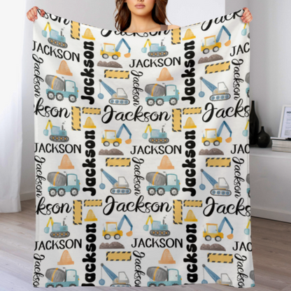 Customized Name Construction Truck Blanket, Children's Gift