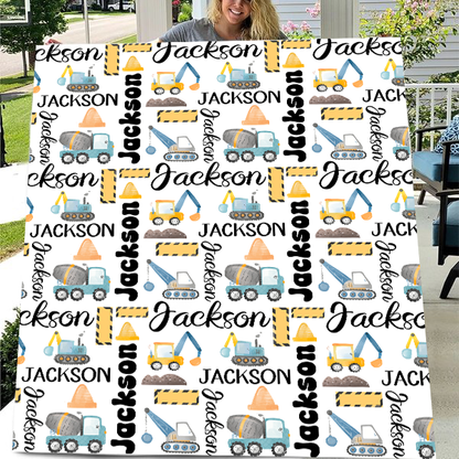 Customized Name Construction Truck Blanket, Children's Gift