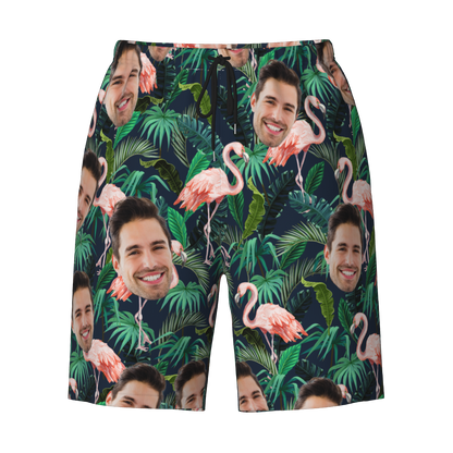 Hawaiian Shorts with Custom Face Personalized Dog Face Leaves & Flamingo Shorts