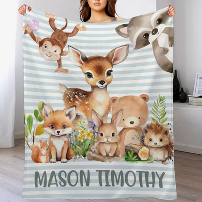 Livraison gratuite✈️Couverture personnalisée pour bébé avec nom d'animal de la forêt