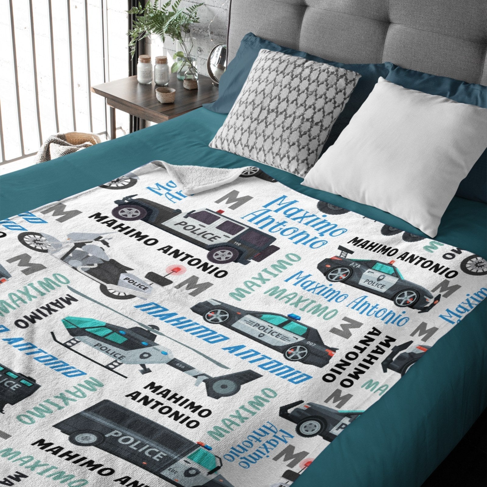 Personalized Police Car Helicopter Name Blanket