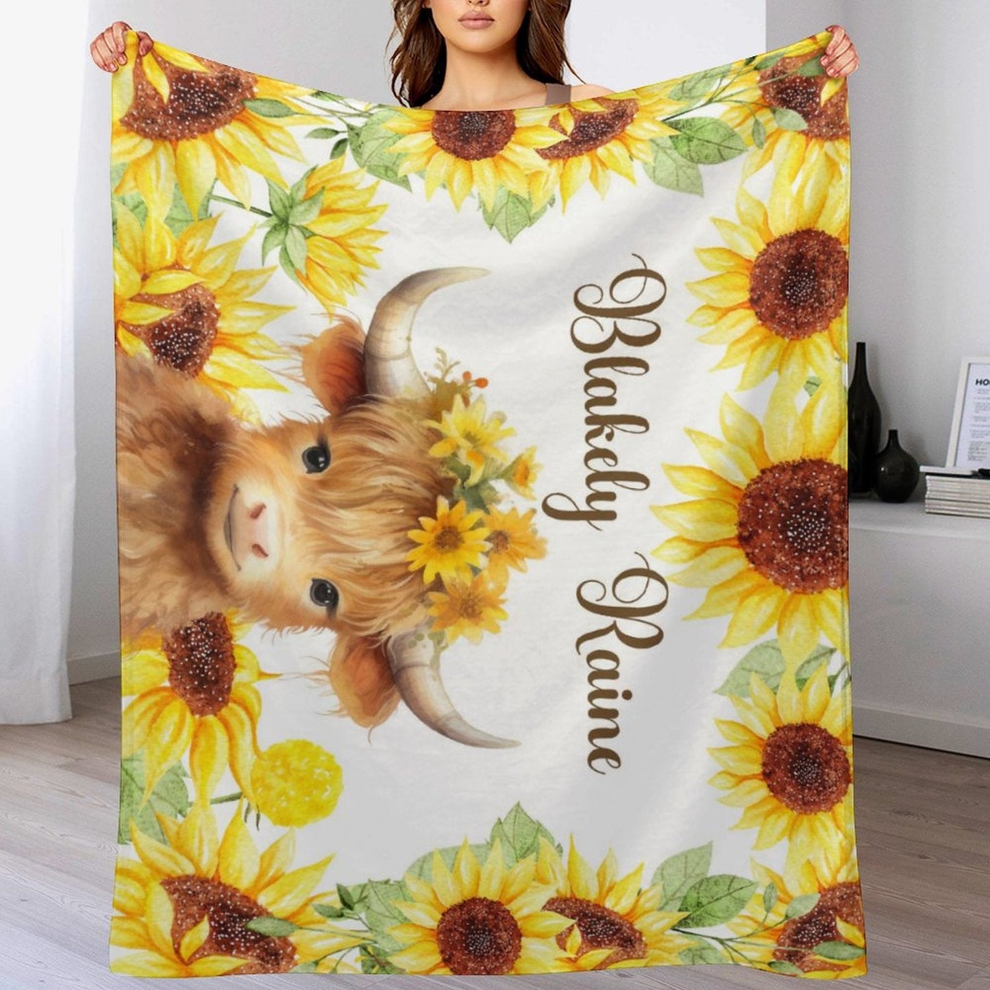 Free Shipping✈️Highland Cow Fall Floral Personalized Baby Girl Name Blanket