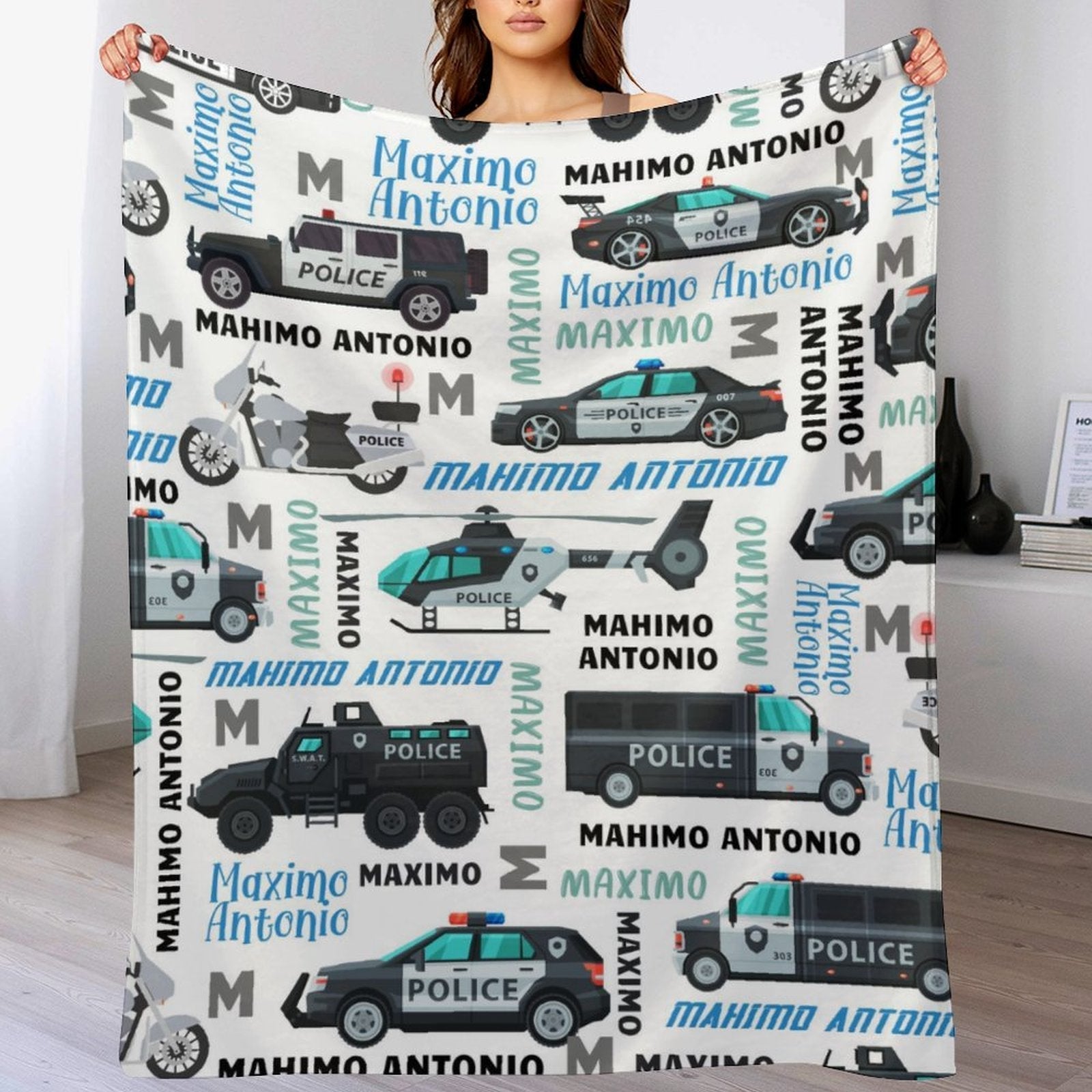 Personalized Police Car Helicopter Name Blanket