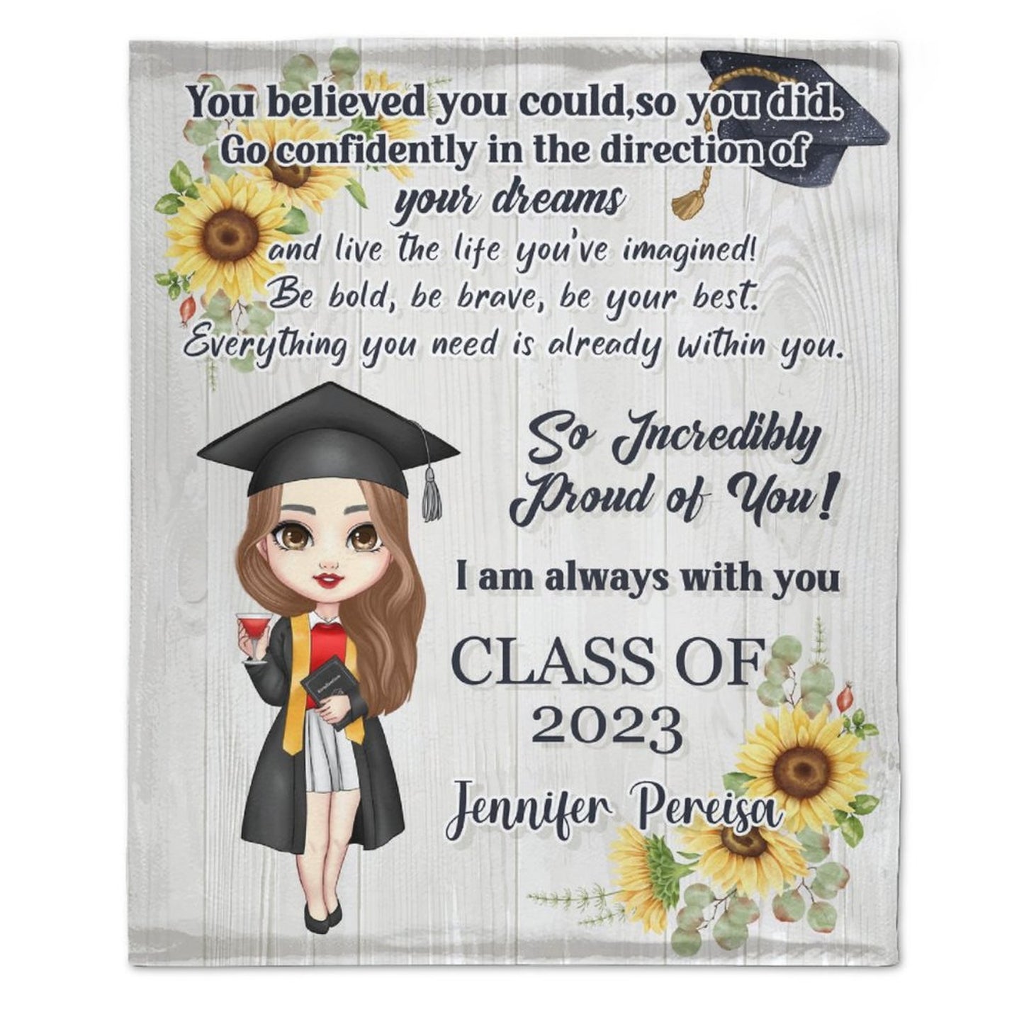 Sunflowers Doll Custom Name Blanket - Graduation Gift