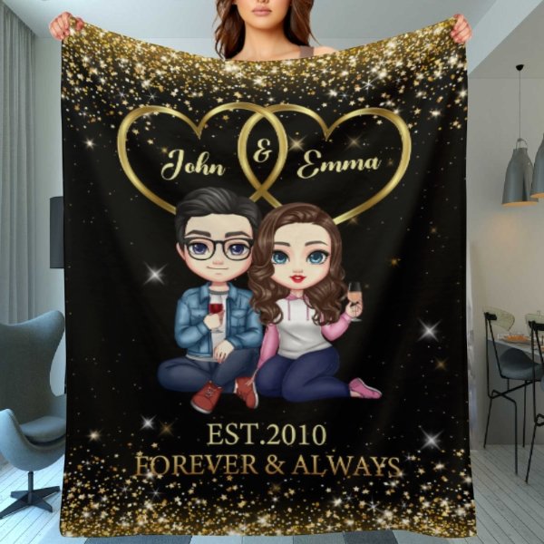 Doll Couple Sitting Gift For Him For Her Personalized Fleece Blanket