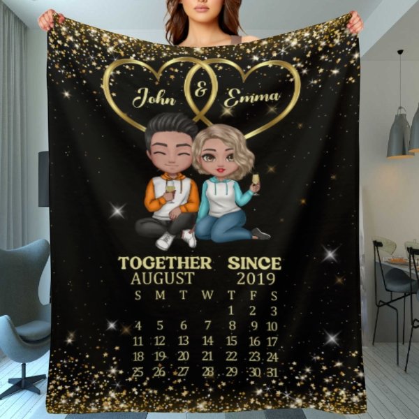 Doll Couple Sitting Together Since Anniversary Date Calendar Personalized Fleece Blanket - Anniversary Gift For Couple - Gift For Him, Gift For Her