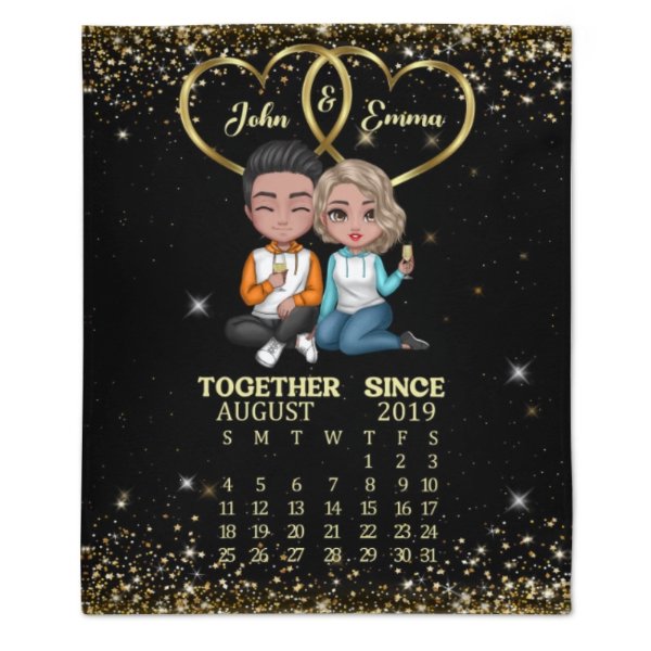 Doll Couple Sitting Together Since Anniversary Date Calendar Personalized Fleece Blanket - Anniversary Gift For Couple - Gift For Him, Gift For Her