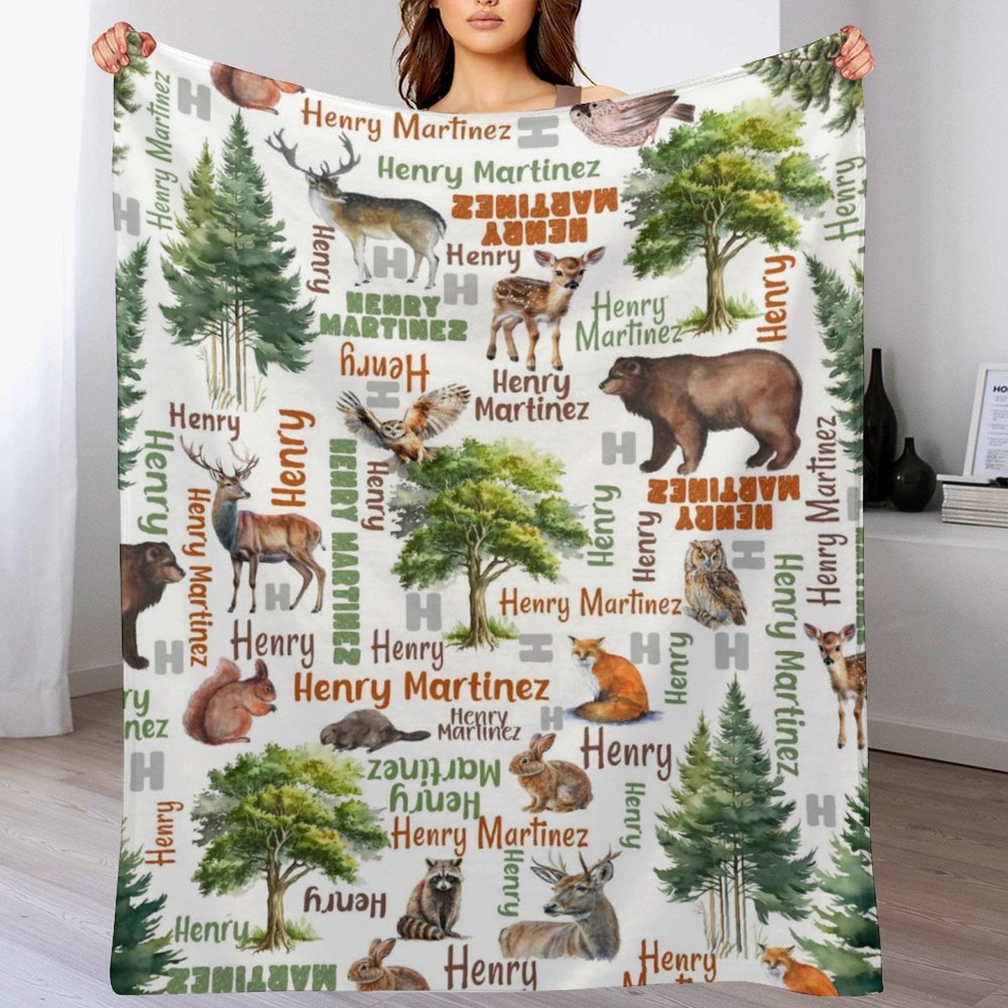 Livraison gratuite✈️Couverture personnalisée avec nom de bébé Woodland Forest