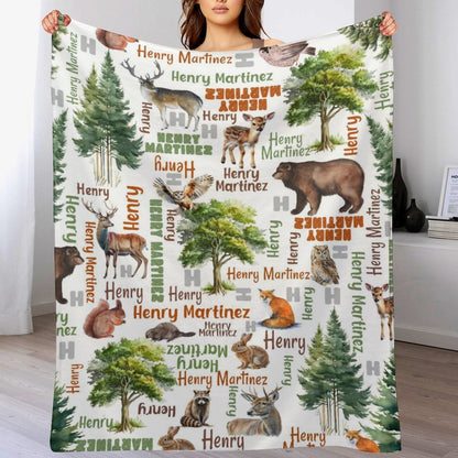 Livraison gratuite✈️Couverture personnalisée avec nom de bébé Woodland Forest