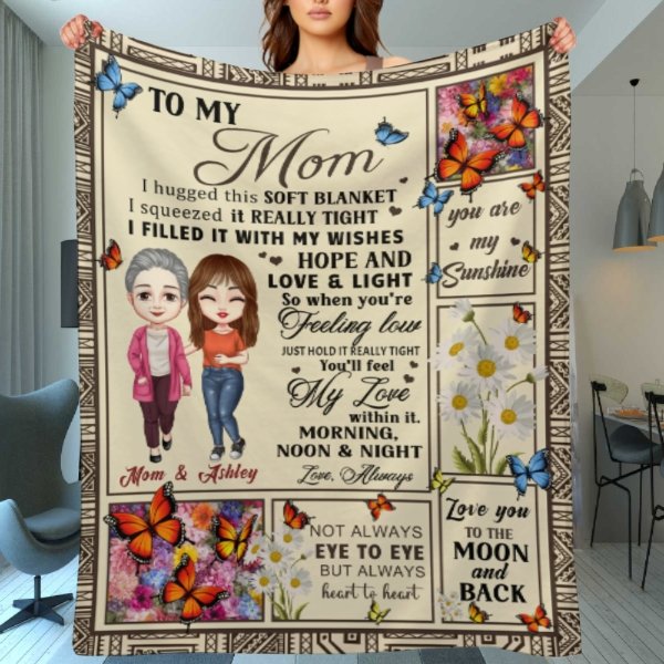 Feel My Love Within Hugging Cartoon Mom Daughter Flower Butterfly Personalized Fleece Blanket - Lovscape