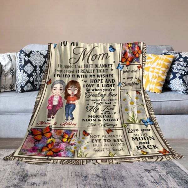 Feel My Love Within Hugging Cartoon Mom Daughter Flower Butterfly Personalized Fleece Blanket - Lovscape