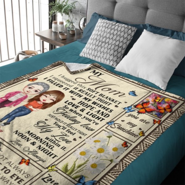 Feel My Love Within Hugging Cartoon Mom Daughter Flower Butterfly Personalized Fleece Blanket - Lovscape