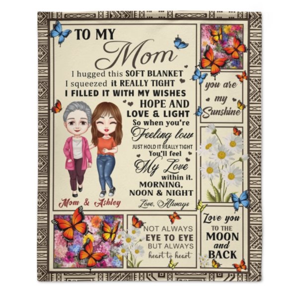 Feel My Love Within Hugging Cartoon Mom Daughter Flower Butterfly Personalized Fleece Blanket - Lovscape