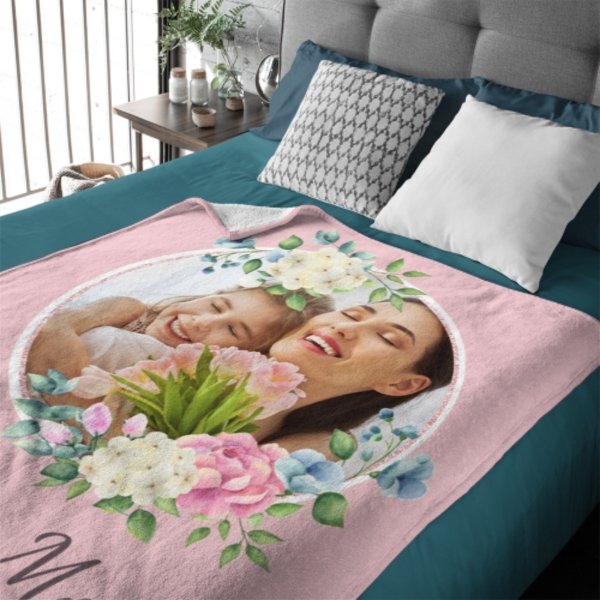 I Love Mom Floral Photo Custom Blanket - Lovscape