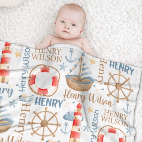 Name Custom Nautical Baby Blanket – Birthday Memorial Gift - Lovscape