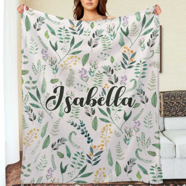 Name Custom Personalized Green Leaf Plant Blanket - Gift for Family and Friends - Lovscape