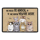 No Need To Knock We Know You're Here Peeking Cat - Funny Personalized Cat Decorative Mat - Lovscape
