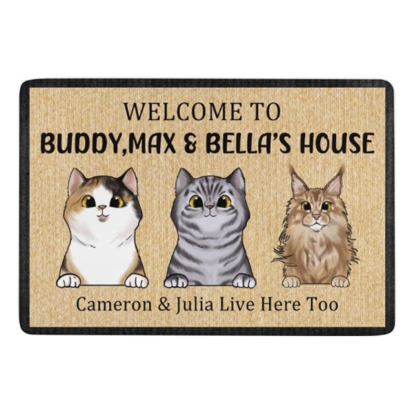 Bienvenue personnalisé à la maison du chat - Tapis décoratif drôle de chat personnalisé, paillasson