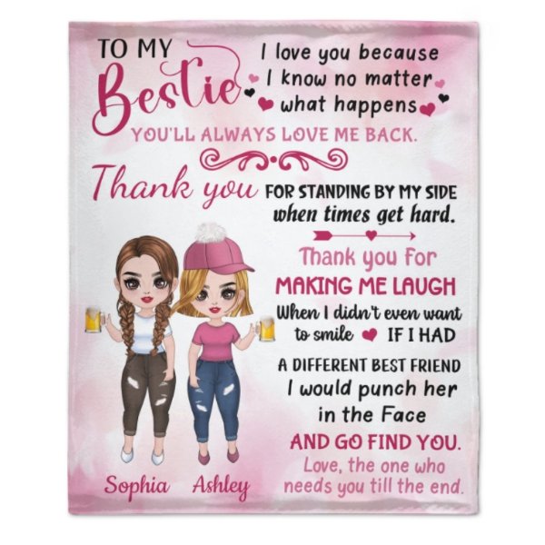 Pink Color To My Bestie Doll Girls Personalized Fleece Blanket