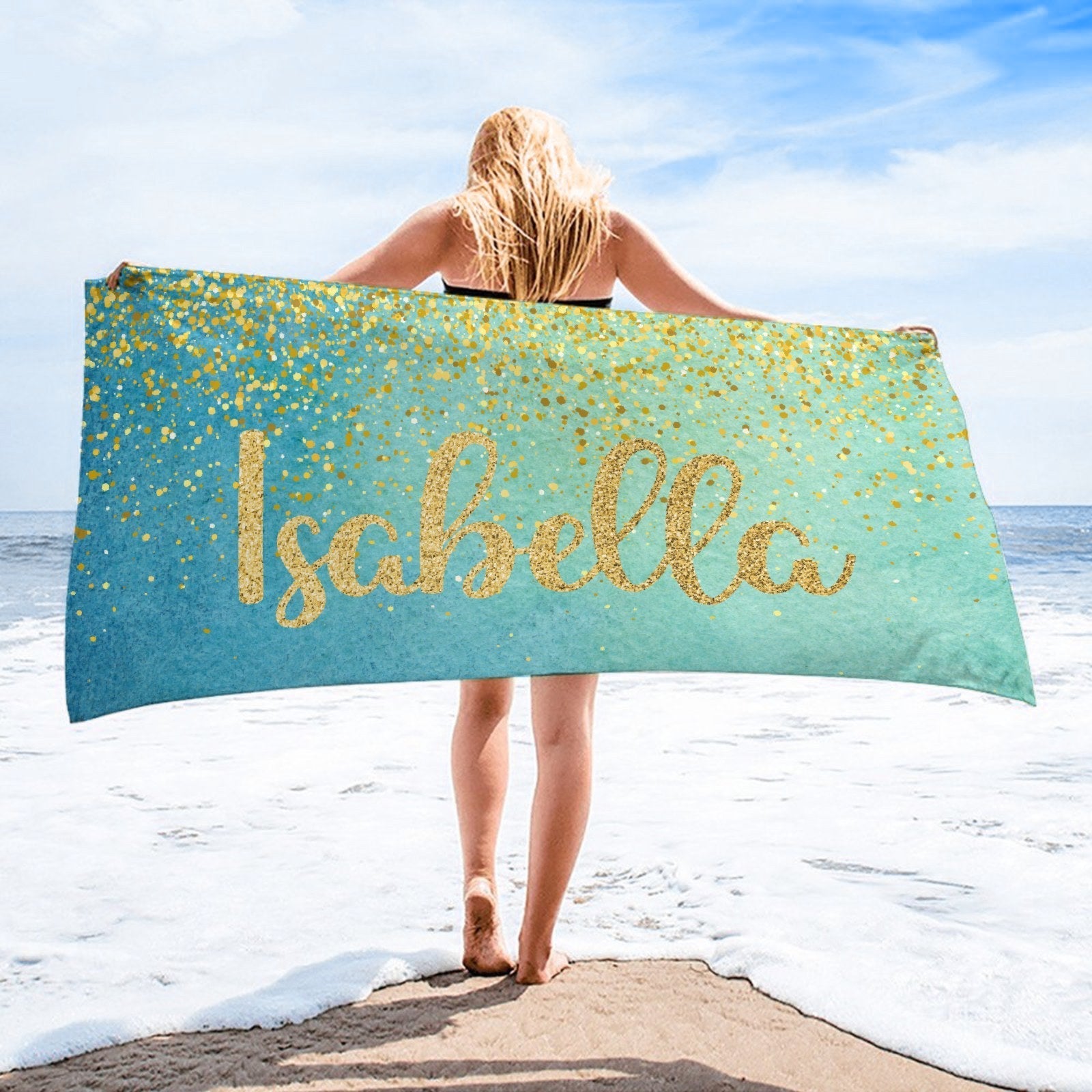 Sparkling Gold Name Personalized Beach Towel - Vacation Gift