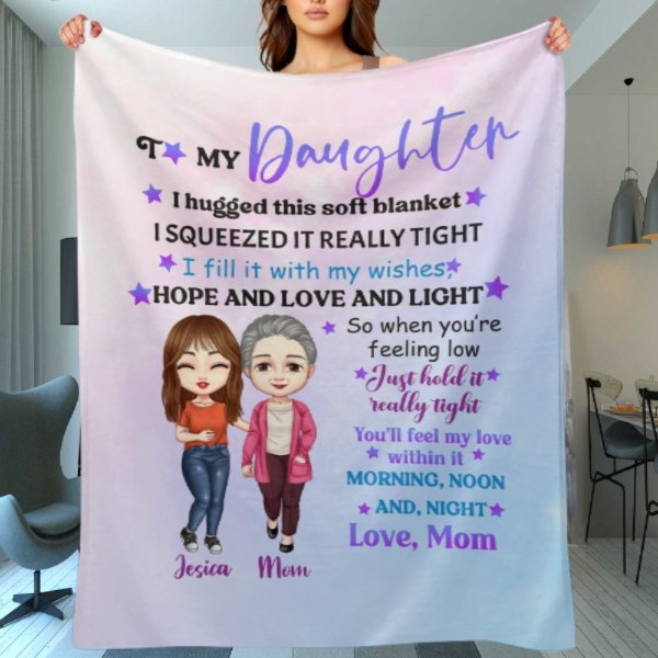 To My Daughter Pastel Color Doll Mom And Daughter Personalized Fleece Blanket